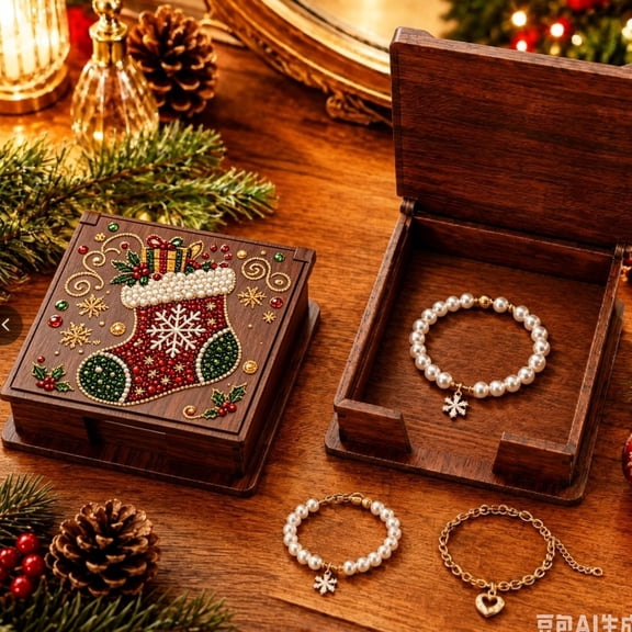 2-in-1 Christmas Stocking Diamond Painting Box, DIY Gem Art Jewelry Organizer & Sticky Note Holder, Wooden Holiday Desk Decor Gift