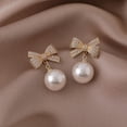 thumbnail image 4 of Mightlink 1 Pair Bowknot Round Bead Pendant Stud Earrings Women Elegant Inlaid Drop Earrings Jewelry Gift, 4 of 6