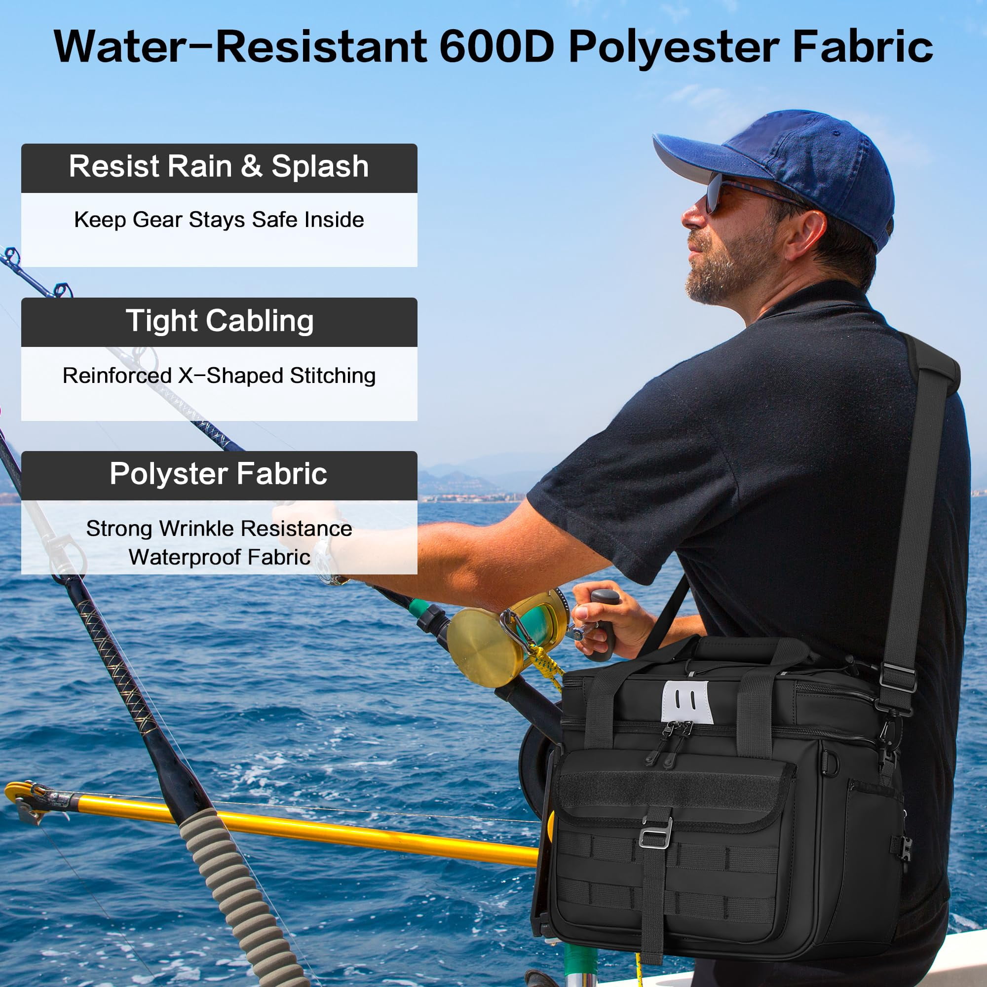 30l Large Fishing Tackle Bag  Waterproof Box For Saltwater & Freshwater Gear And Equipment Storage Padded Shoulder Strap Gift Men Black