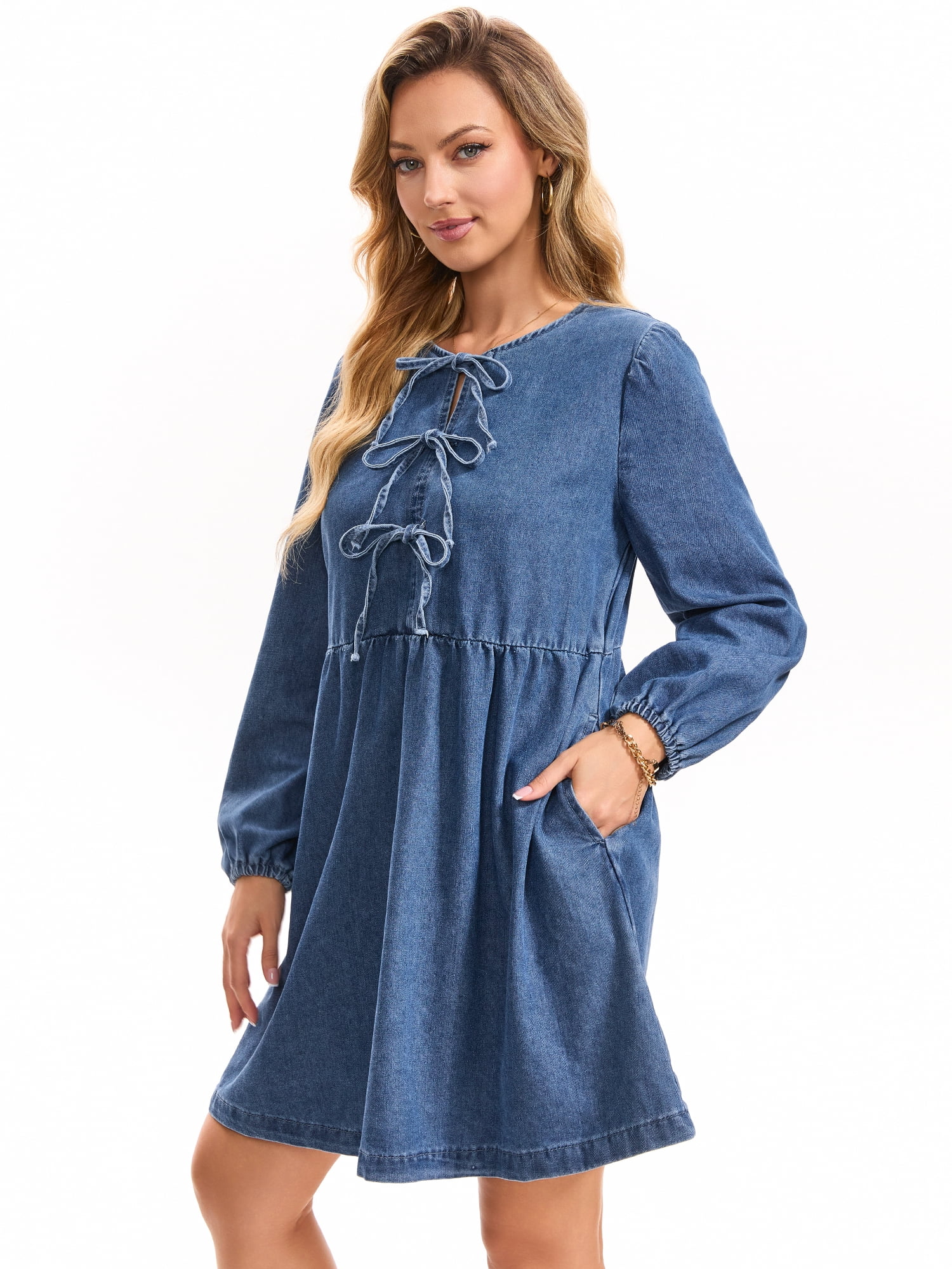 DARING DIVA Women's Denim Dress Bow Tie Long Sleeve Babydoll Dresses M Blue