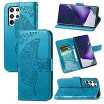 Samsung Galaxy S22 Ultra 5G Case, Butterfly Embossed Flip Folio Wallet Case Magnetic Closure RFID Blocking Card Slots Kickstand Shockproof Stand Case for Samsung Galaxy S22 Ultra 5G 6.8 inch,Blue