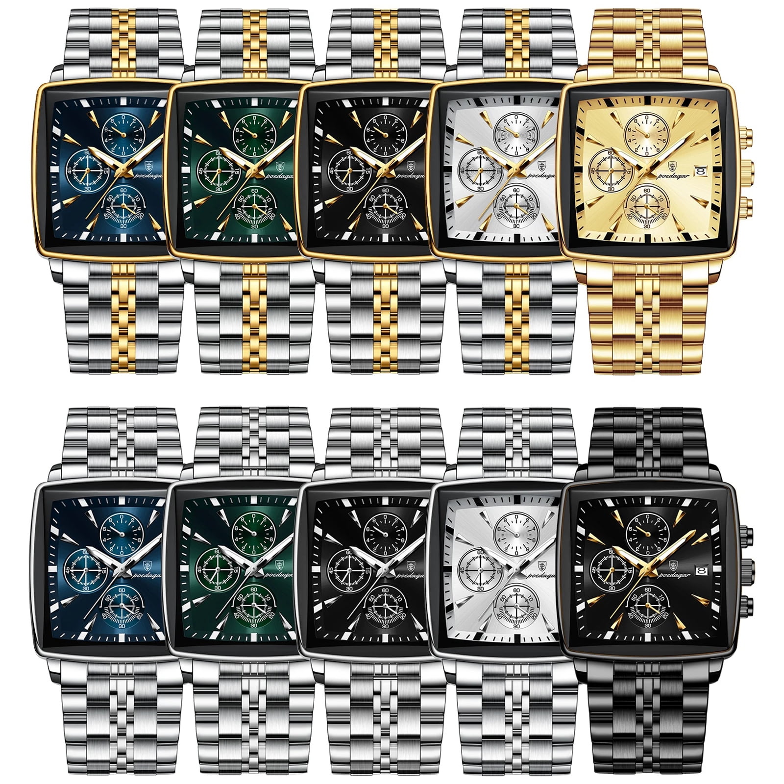 POEDAGAR Luxury Square Sport Man Wristwatch Waterproof Chronograph Stainless Steel Quartz Men's Watches
