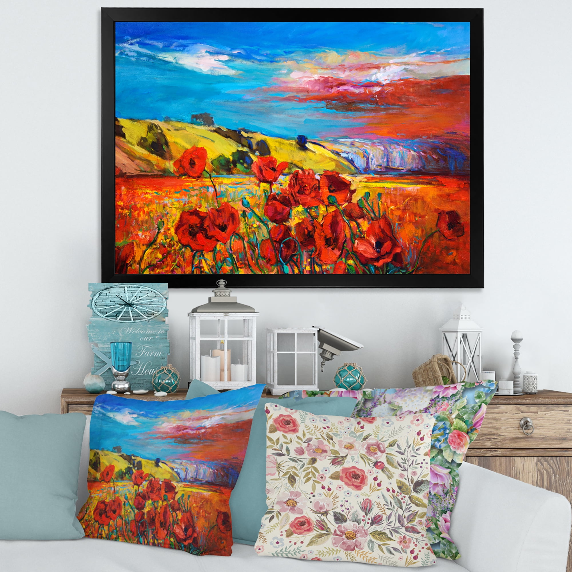 Designart 'Blossomg Red Poppies Under A Blue Sky' Traditional Framed Art Print