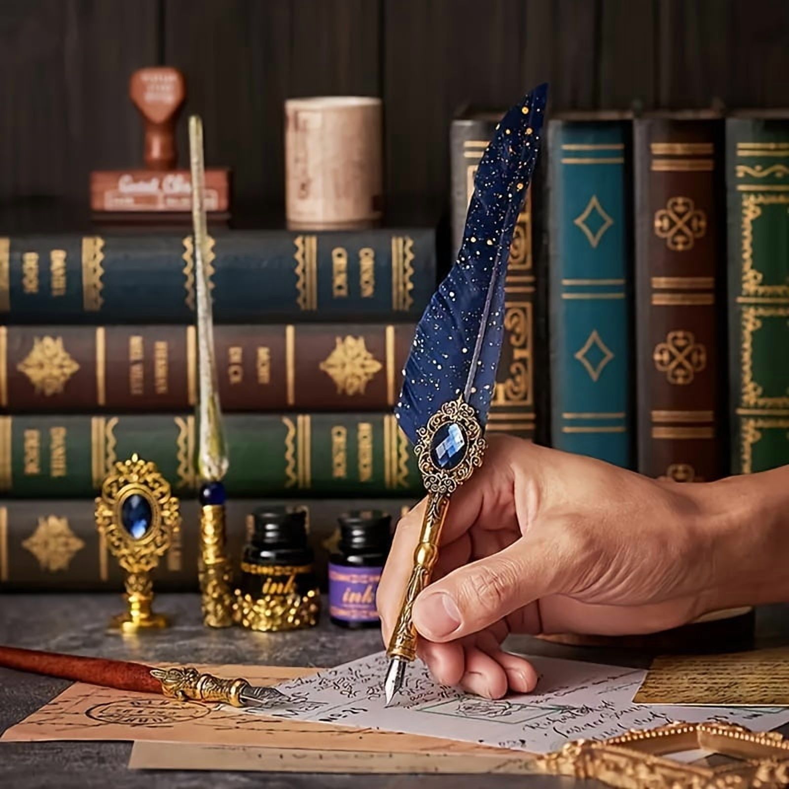 1Set Quill Pen And Ink Set Vintage Pen Calligraphy Set-Antique Gemstone Feather Pen Set With Dip Pen Fire Lacquer Wax Beads Spoon Seal Stamp Candle Pen Base Cup, Christmas Thanksgiving Halloween Gift