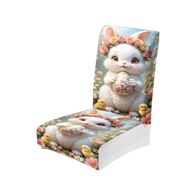 Easter Chair Covers Set of 2, Stretchable Dining Chair Slipcovers with Bunny and Egg Patterns, Washable Polyester Decorative Covers for Holiday Party Home Decor, Standard