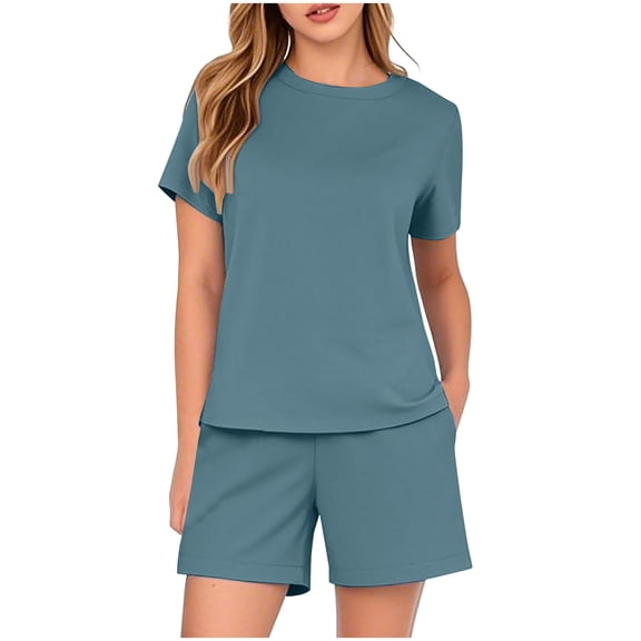 Guluxicc 2 Piece Womens Basic Sets Breathable T Shirts and Shorts with Pockets Solid Color Casual Outfits for Summer Loungewear