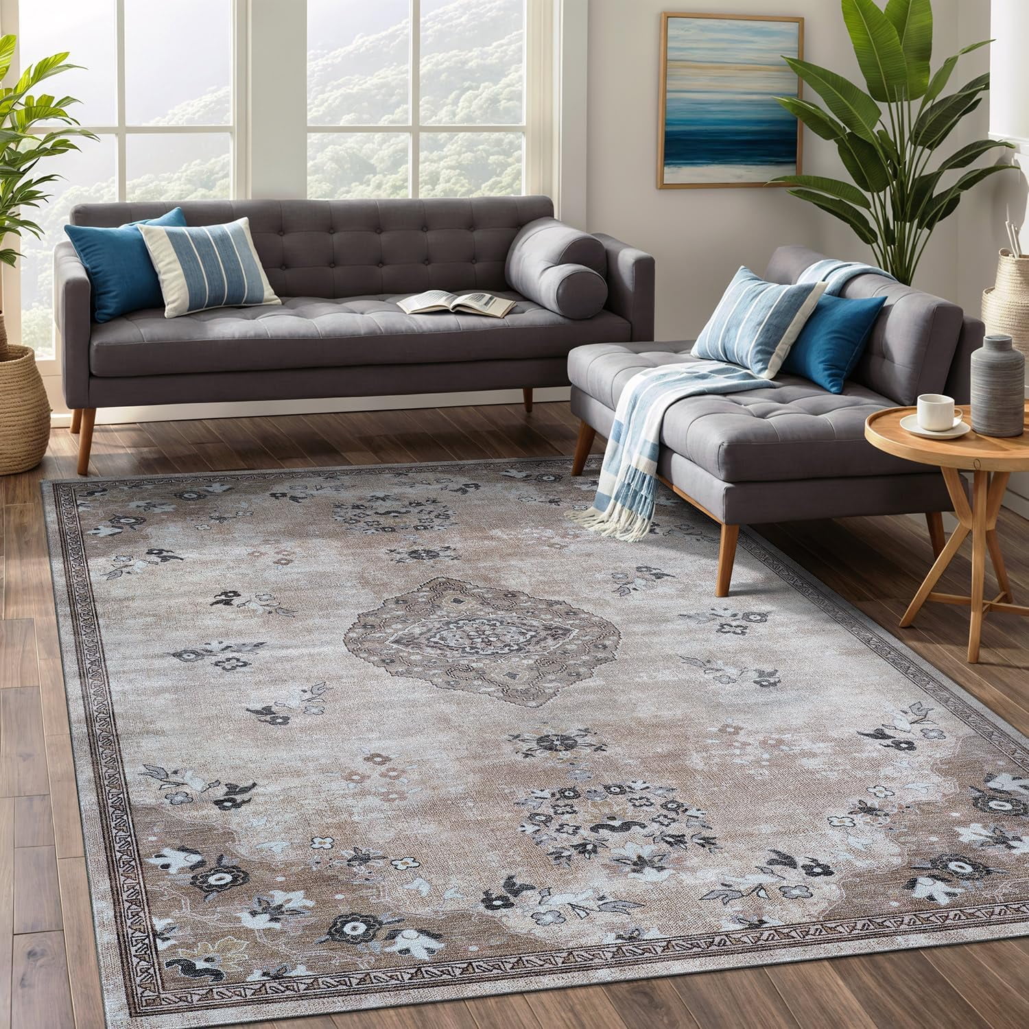 Beverly Rug Machine Washable Easy Cleaning Indoor Non-Slip Rugs Beige / Brown 4'x6'