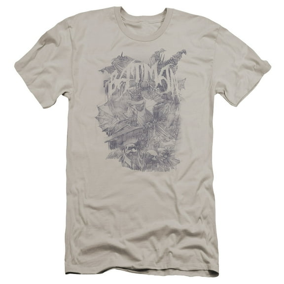 Batman Pencil Bat Collage Premium Canvas T-Shirt Adult Slim Fit 30/1 Silver