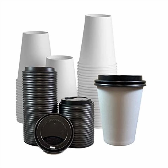 100-Pack 12 oz Disposable Paper Coffee Cups with Black Lids – Hot Drink Cups for Home, Office & Events