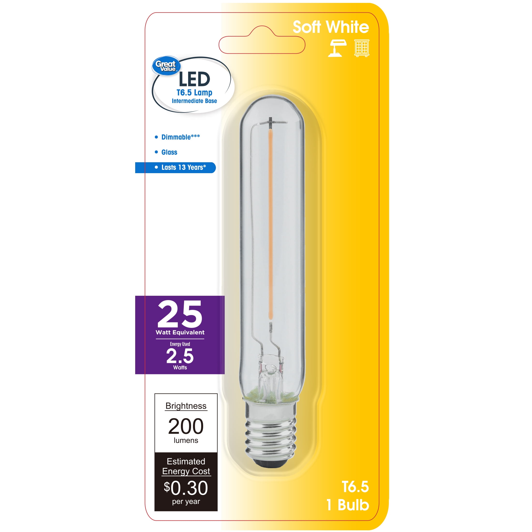 Great Value T6.5 LED Tubular Bulb, 2.5-Watt (25W Equivalent Great Value T6.5 LED Tubular Bulb, 2.5-Watt (25W Equivalent