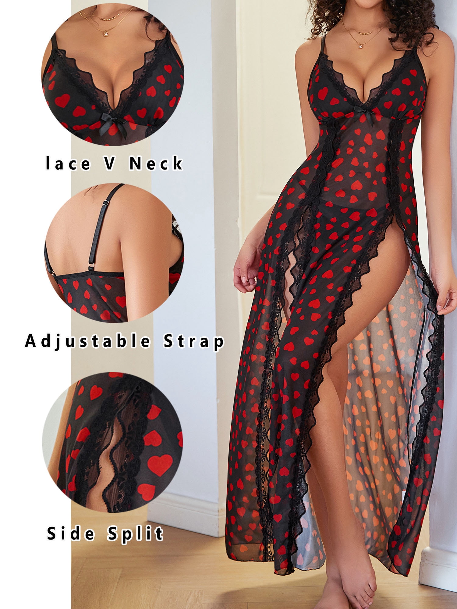 Sexyfree Lingerie for Women Heart Print Side Split Chemise Sexy Nightdress Deep V Neck Nightwear Long Nightgown