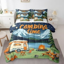 Erosebridal Camping Time Bedding Twin Size, Nature Adventure Theme Comforter Sets with Sheets, Travel Trailer RV Camper Duvet Set, Breathable Room Decoration, Reversible 7-Piece