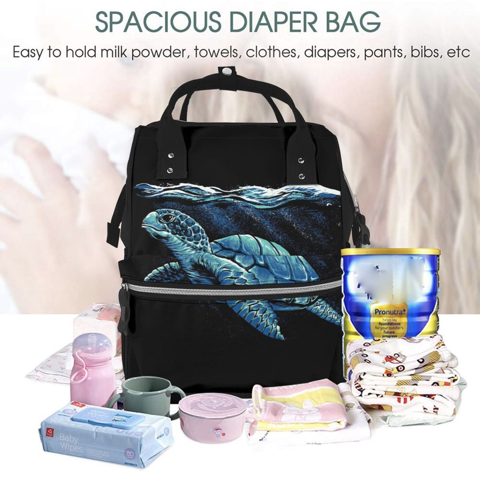 Ratiio Ocean Turtle Mummy Backpack - Waterproof Twill Canvas, Large Capacity Diaper Bag with Multiple Pockets and Adjustable Straps