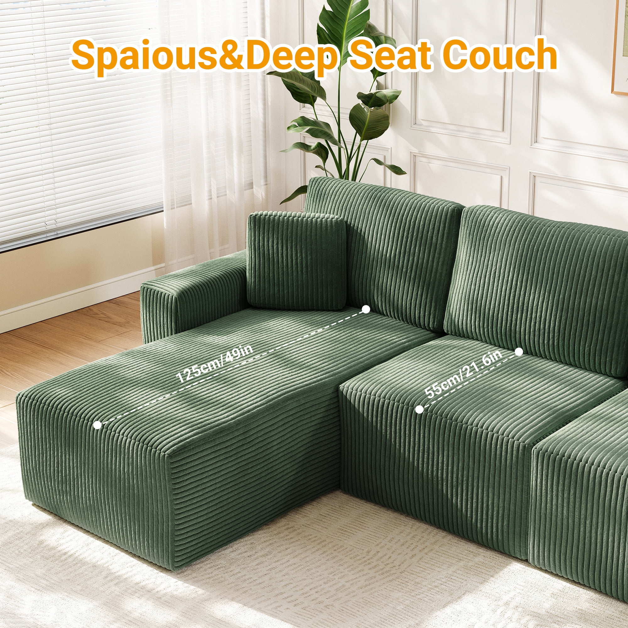 Solid Wood Frame Corduroy Sofa Couch, Neche 100" Sectional for Living Room, L-Shaped, Green
