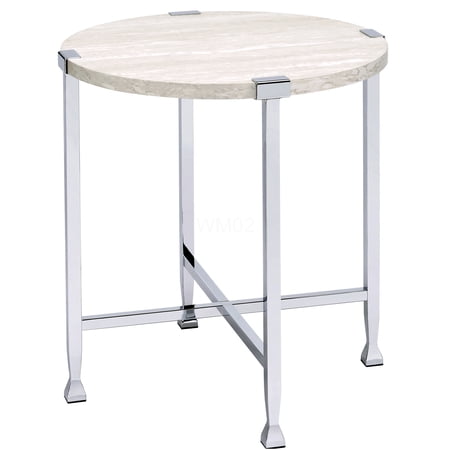 White Oak Chrome End Table with X-Base Modern Round Side Table for Living Room Bedroom or Office