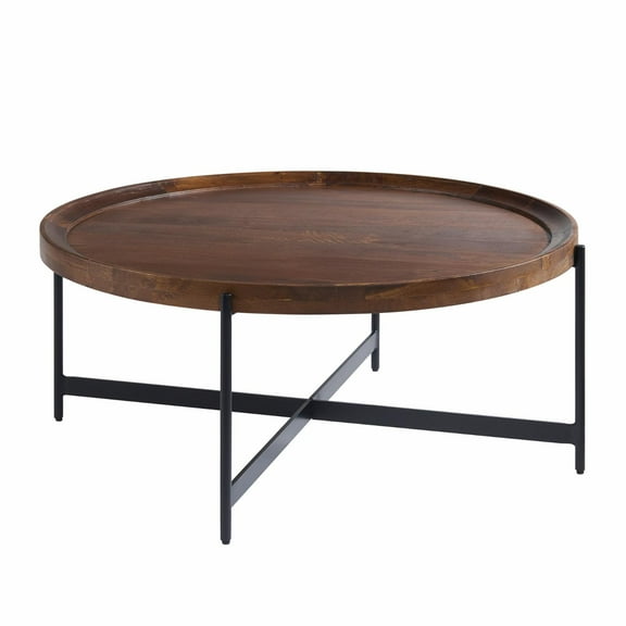 Alaterre Furniture Brookline Industrial Round Metal Coffee Table, Medium Chestnut/Black