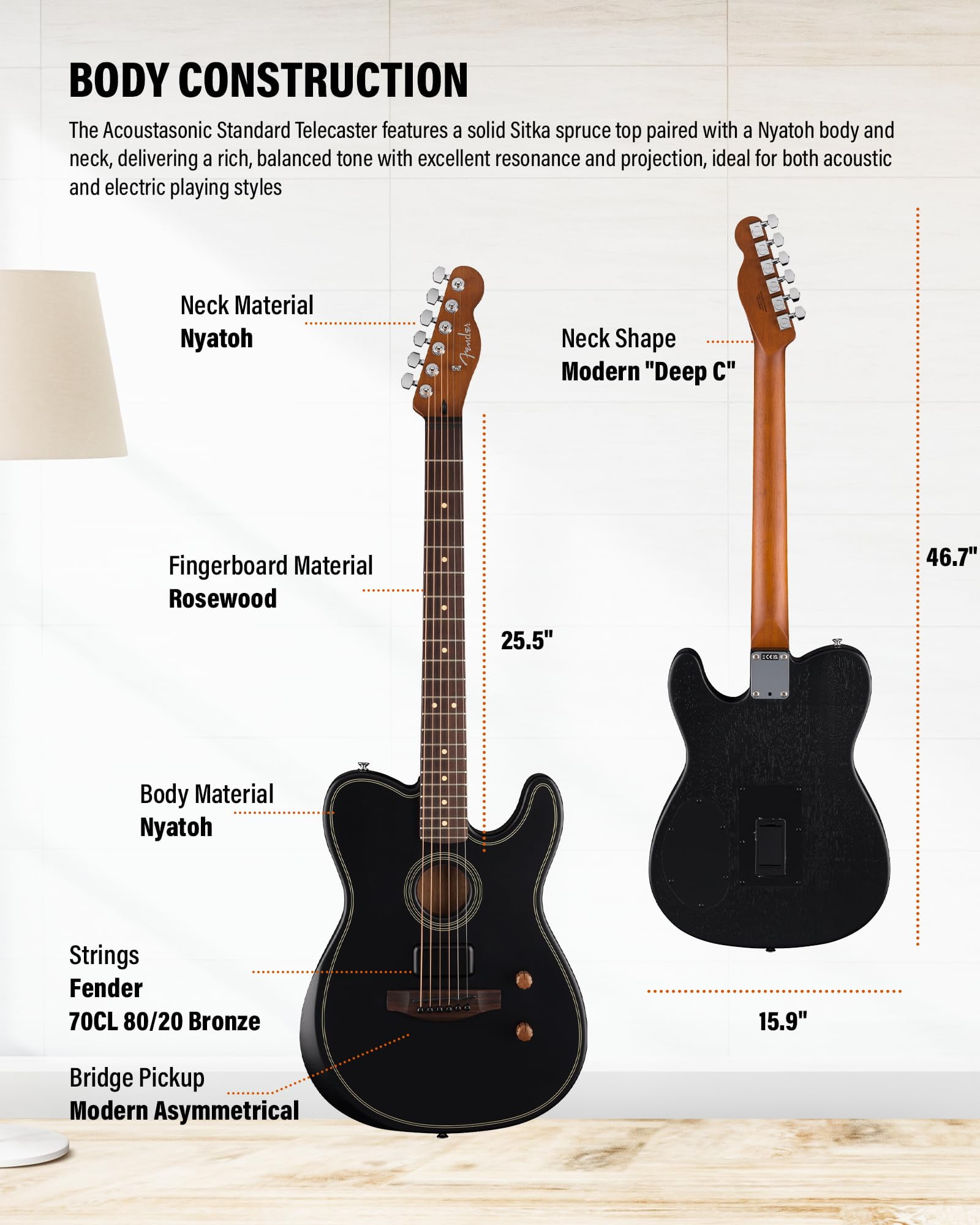 Fender Acoustasonic Standard Telecaster - Black Bundle with Strap, Guitar Cleaning Kit and Austin Bazaar Instructional Video