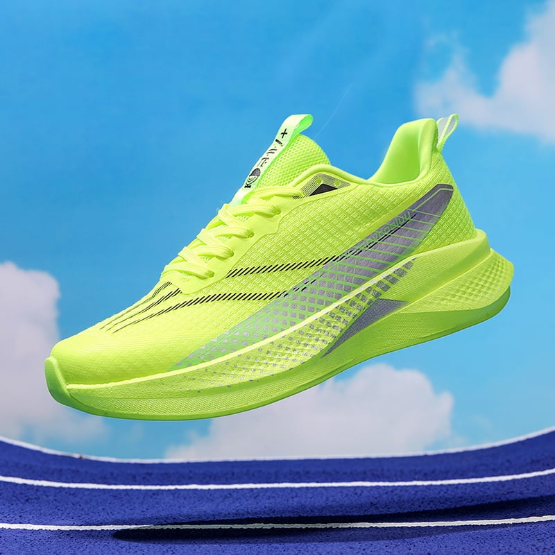 Men's Fluorescent Green Breathable Marathon Running Shoes Lightweight Shock Absorbing Reflective Athletic Sneakers