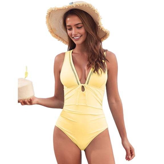 One-Piece Lace Up Swimsuit for Women Tummy Control Slimming Bathing Suits Cut Out Push Up Swimwear Yellow XL