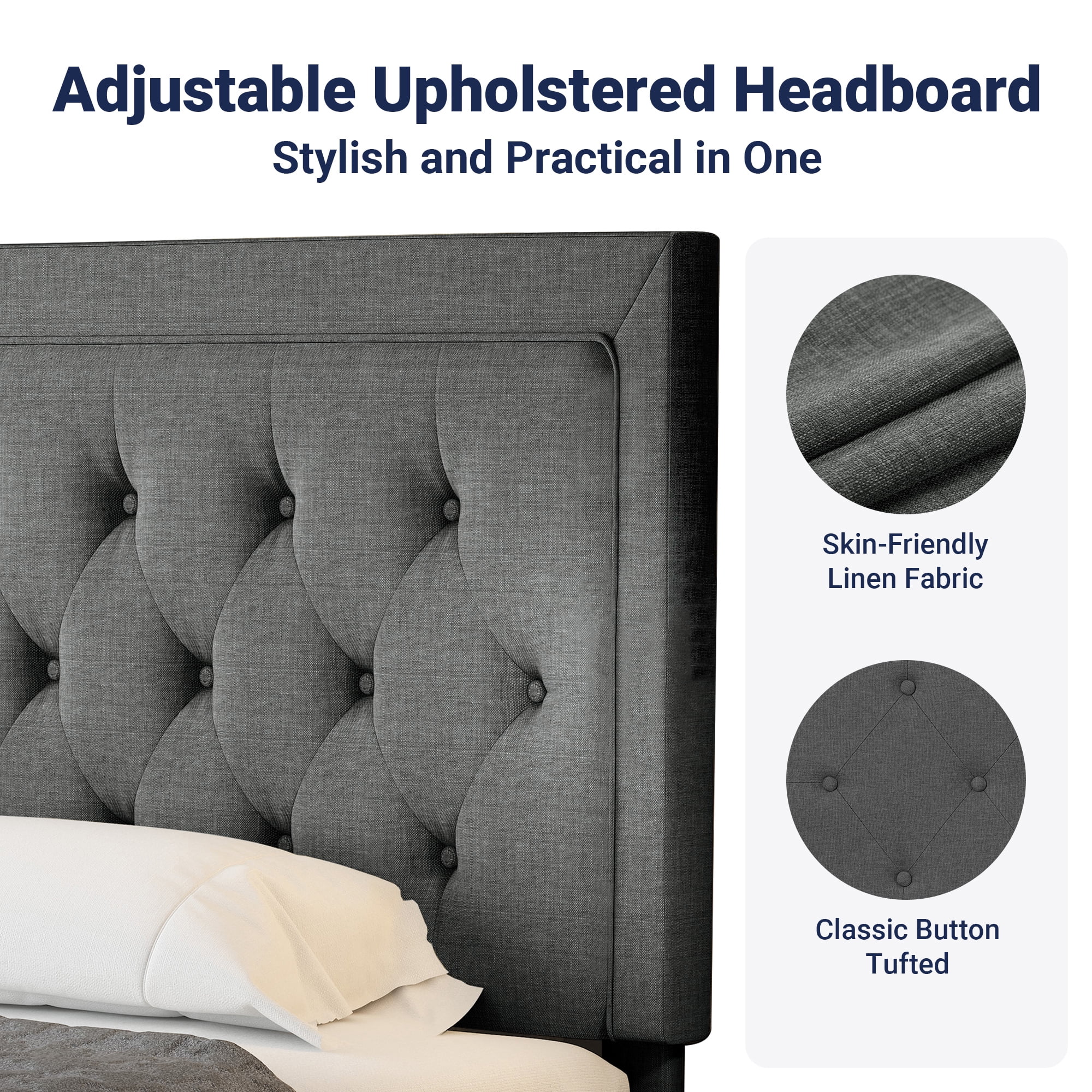 Allewie King Size Fabric Upholstered Bed Frame with Diamond Button Tufted/Adjustable Headboard/Wood Slat Support/Mattress Foundation/Dark Grey