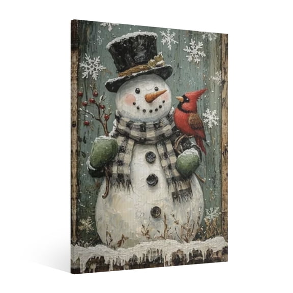 Vintage Christmas Snowman and Northern Cardinal bird Wall Art Paint Framed - Xmas Festive Winter Holiday Christmas Wall Decor Canvas Print for Living Room Kitchen Bathroom Home Decor