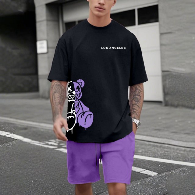 WILLBEST Conjunto de Traje para Hombre con Estampado de Oso para Uso Exterior E Informal. Combinación de Manga Corta y Pantalones Cortos para Verano. Ideal para Relajación y Actividades Físicas.