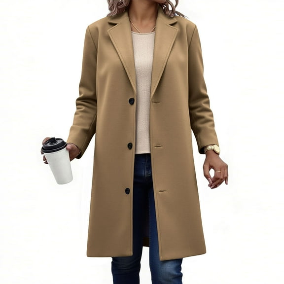 Fnooota Peacoats for Women, Single Breasted Lapel Collar Casual Mid-length Womens Wool Coats Khaki Size S-5XL