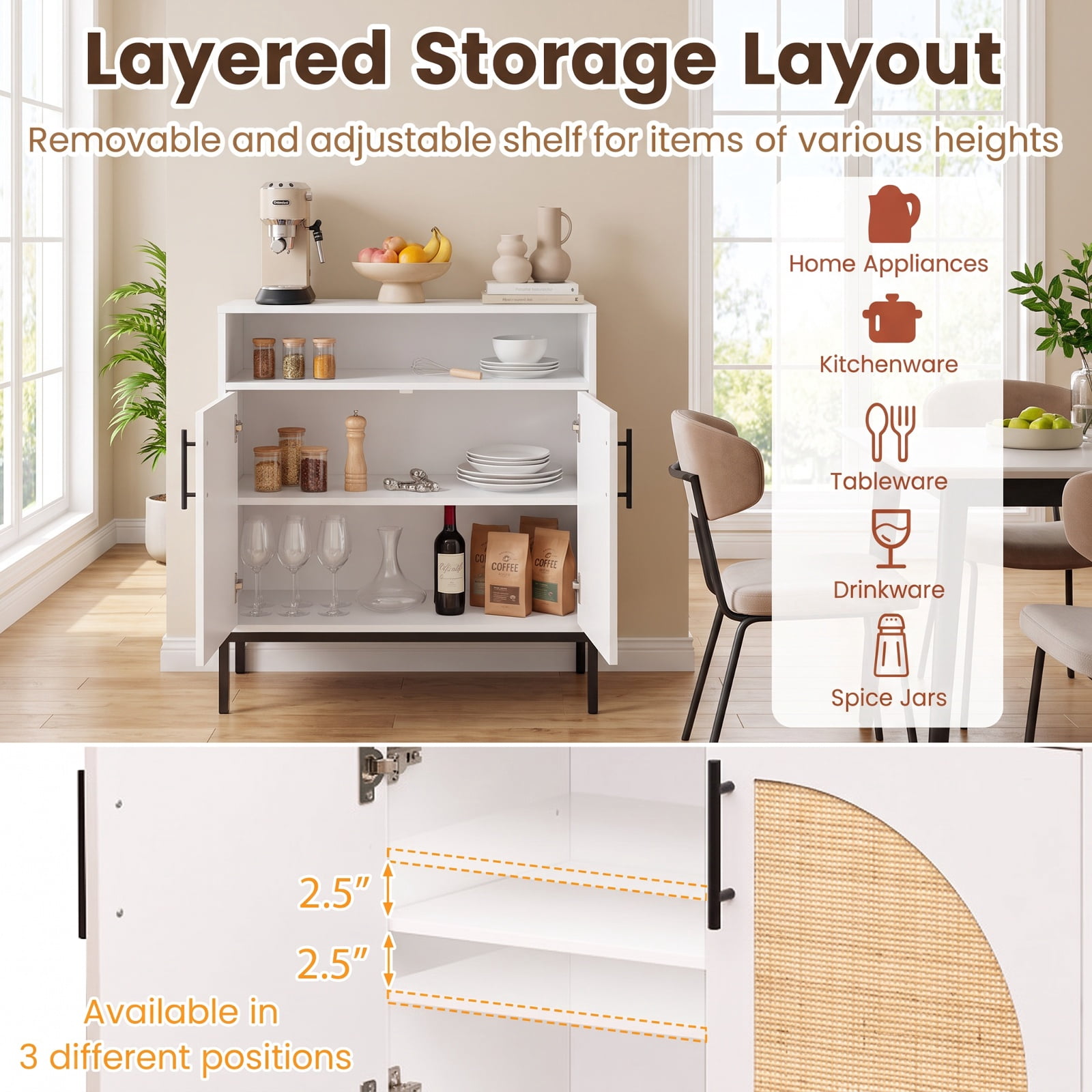 Furnibear 32" Sideboard Buffet Cabinet with 2 Natural Rattan Decorated Doors and Adjustable Shelf for Kitchen Dining Living Room Buffet, White