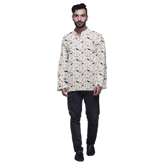 Atasi Kurta Décontractée à Col Chinois Imprimé Chemise Ethnique pour Hommes Kurta Courte Tunique