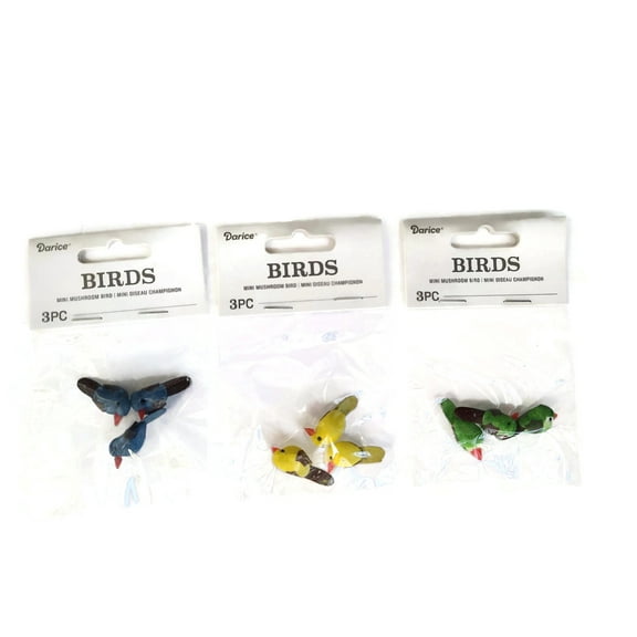 Darice Micro Mini Assorted Mushroom Birds, Yellow-Blue and Green