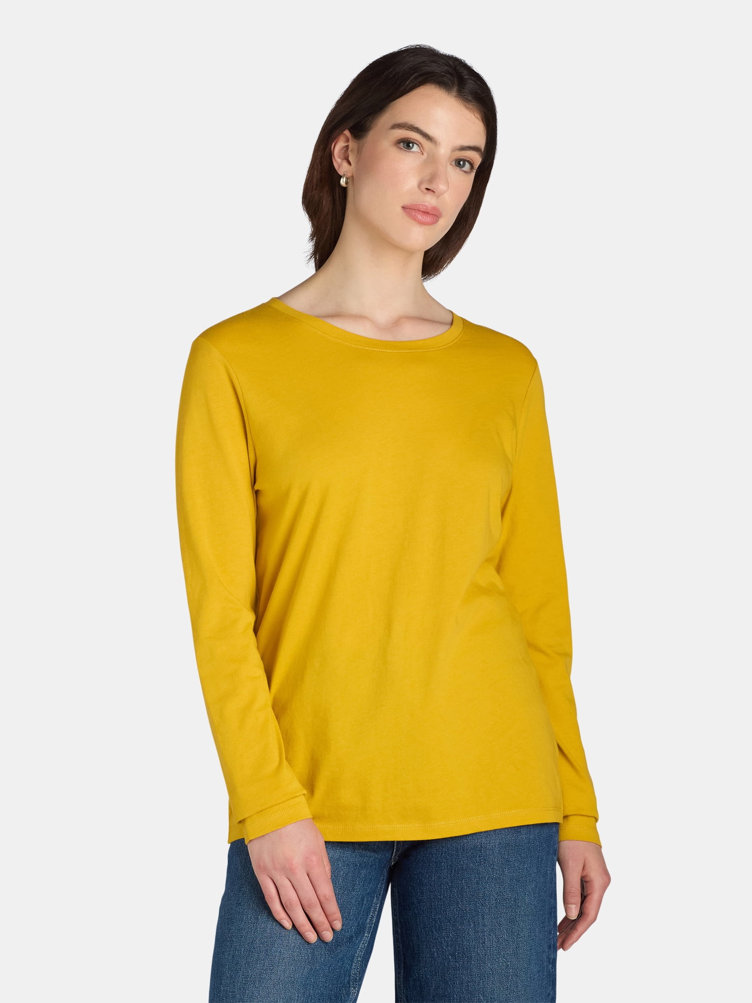 Time and Tru Women's Cotton Crewneck Tee with Long Sleeves, Single and 3 Pack, Sizes XS-XXXL
