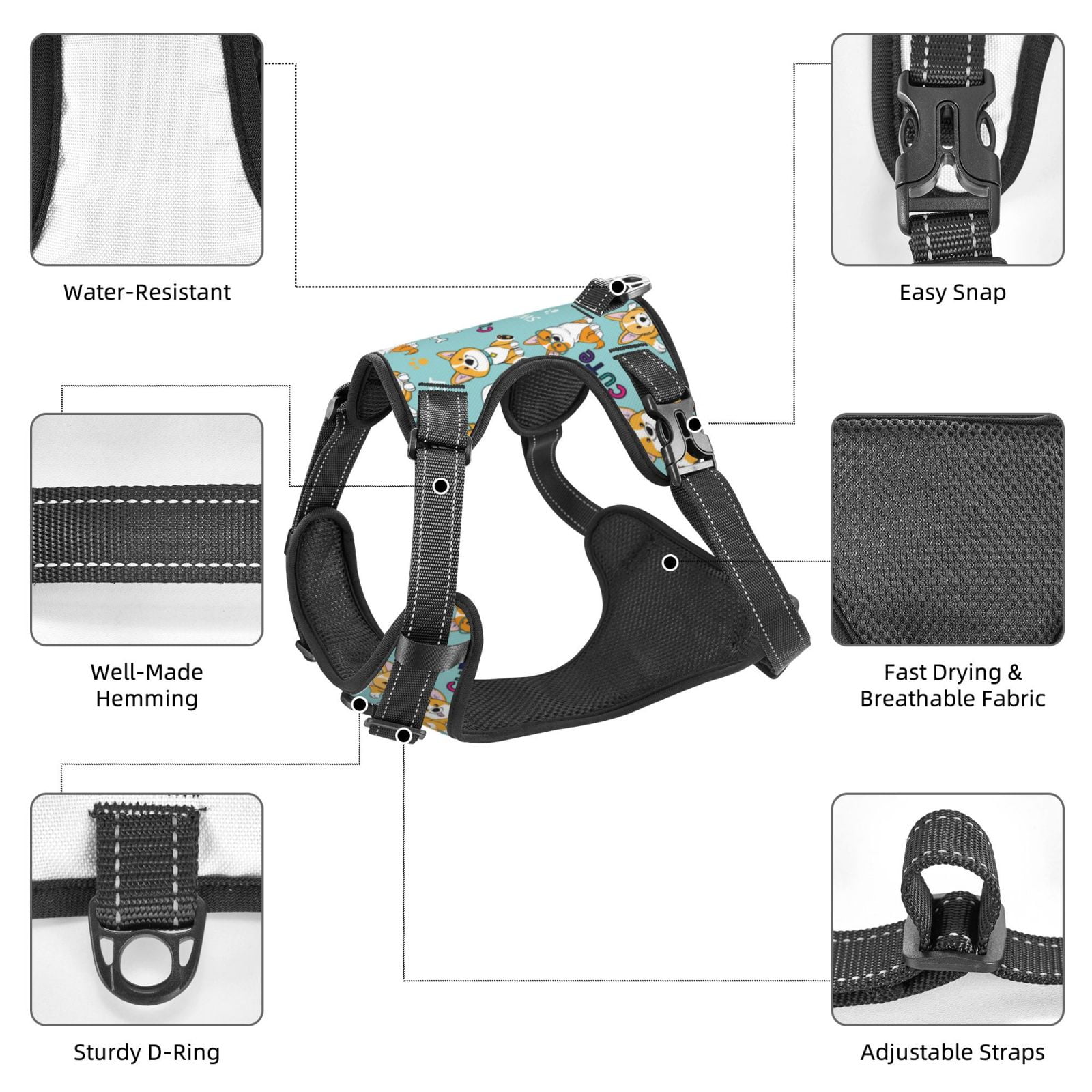 Vsdgher Cute Dogs Corgi Dog Harness, No-Pull Pet Harness, Dog Vest, Pet Vest for Small to Large Dogs-Small