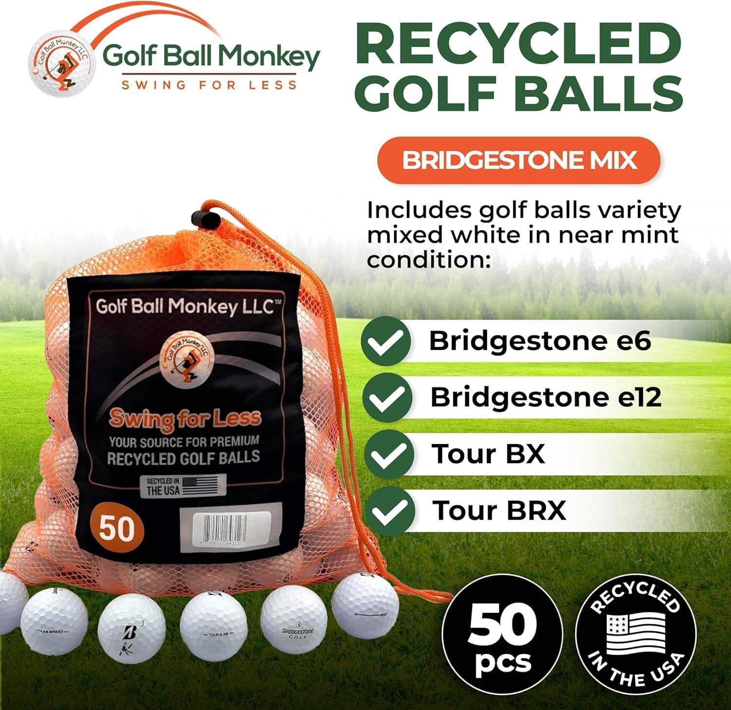 Golf Ball Monkey Cheap Recycled for Bridgestone Golf Balls White Good Condition 50 Pk for Bridgestone e6, e12, Tour BX and BRX Golf Balls & More w/ 15 Tees & Mesh Bag (50)