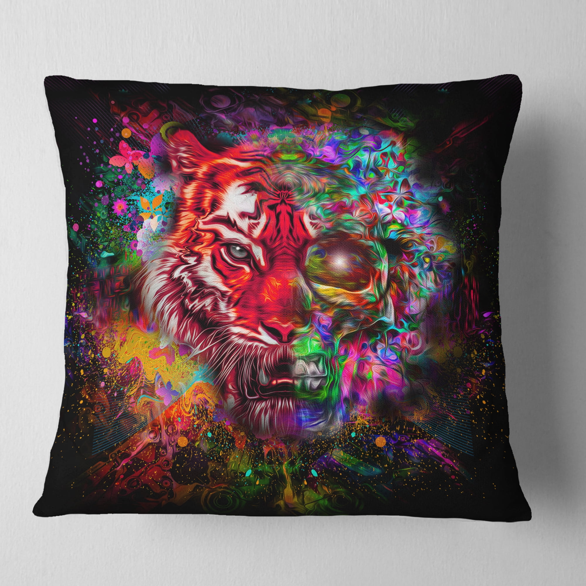 Designart Colorful Tiger Head with Half Skull - Abstract Throw Pillow - 18x18