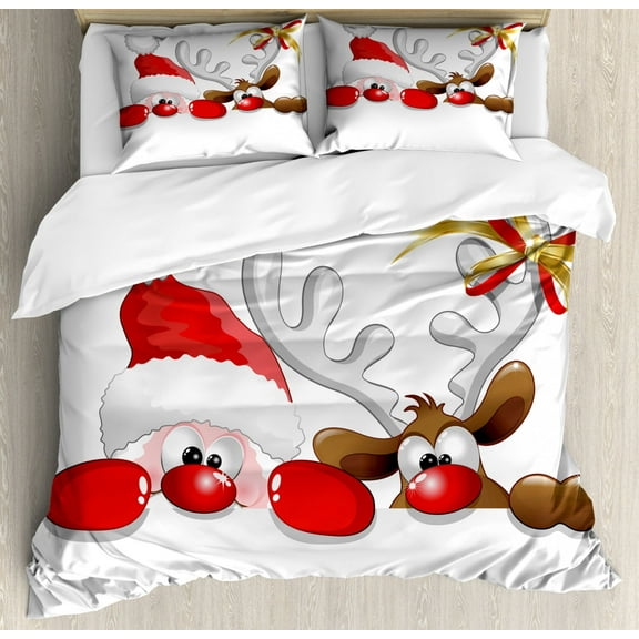 Christmas Duvet Cover Set Queen Size, Funny Christmas Santa Claus and Reindeer Peeking Cartoon Style Humor, Decorative 3 Piece Bedding Set with 2 Pillow Shams, Vermilion Caramel White, by Ambesonne