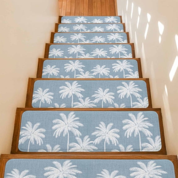 Light Blue Palm Trees Stair Treads Non Slip for Steps Summer Beach Tropical Farmhouse 10 Pcs Reusable Adhesive Stair Runner Mats for Dogs Elders Carpet Treads Rugs for Staircase 8x30 In