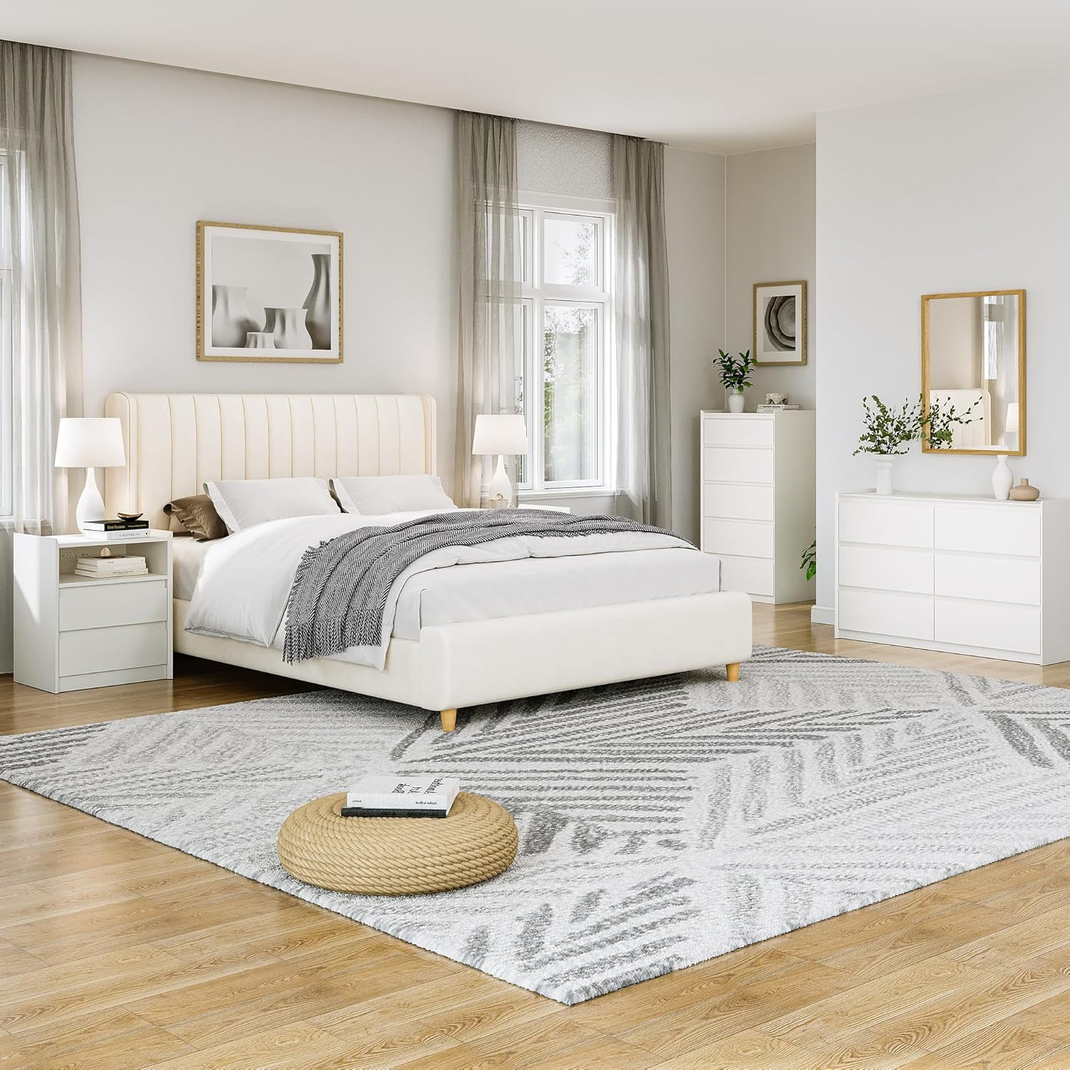 White Tall Dresser, 5 Drawer Dresser for Bedroom, Wood Chest of Drawers, Modern Storage Cabinet for Living Room