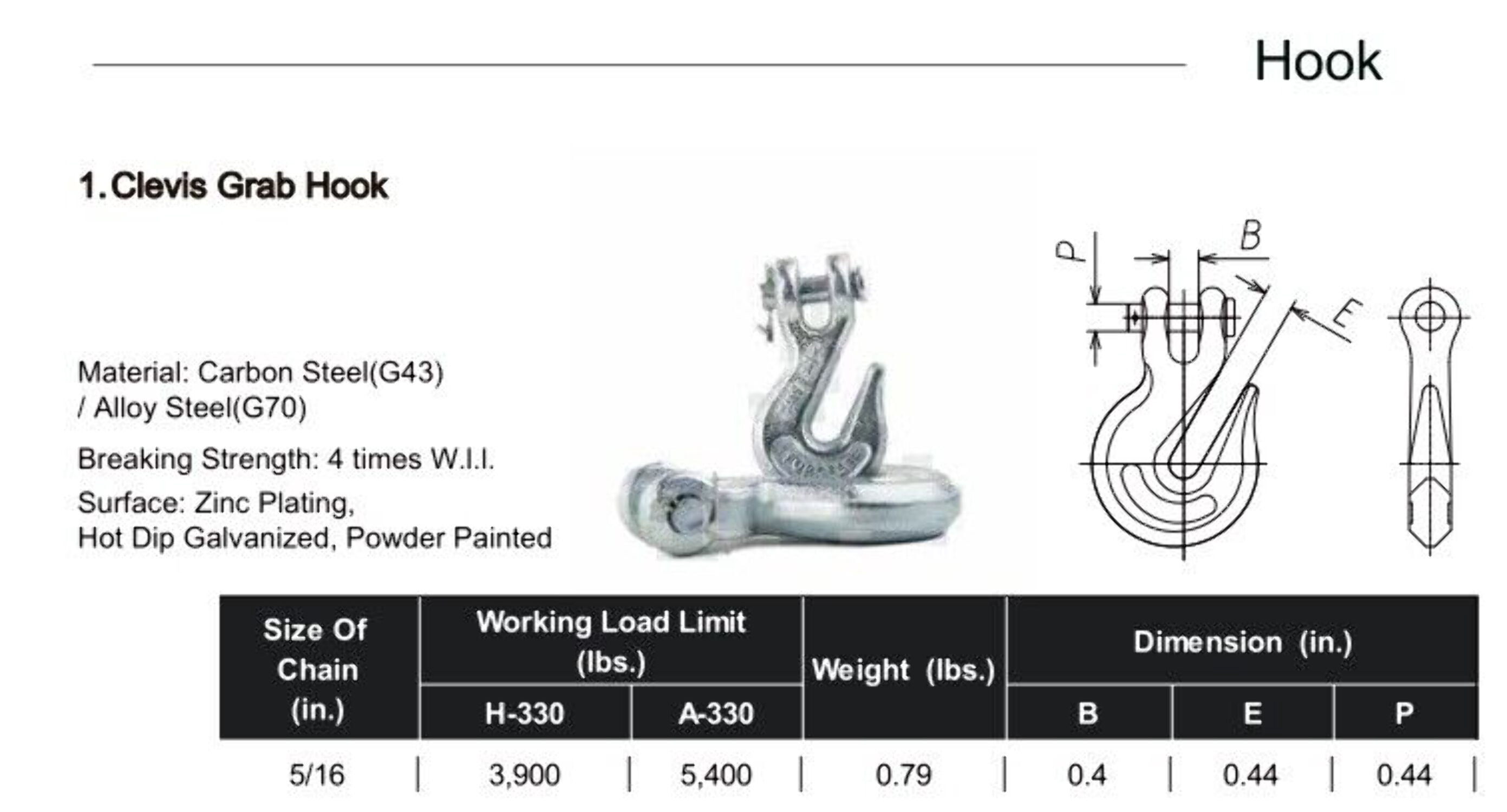 5/16" x 10' Long Shank J Hook Tow Chain w. RTJ Cluster & Grab Hook, 4700 lbs WLL