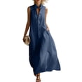 thumbnail image 5 of ClodeEU Women's Sleeveless V Neck Button Down Maxi Dress,Casual Loose Shirt Dress with Pockets Navy,Women's Plus M, 5 of 8