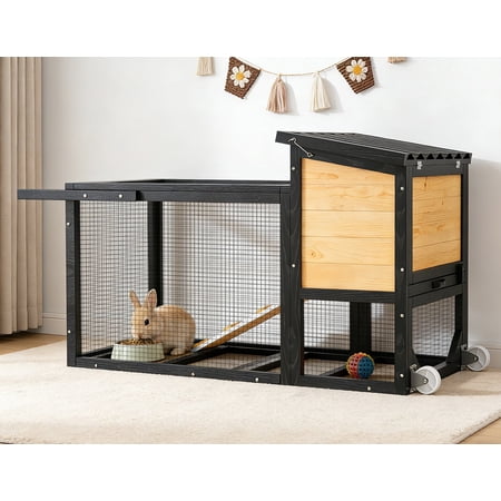 TIMHAKA 2-Story Rabbit Hutch, Wooden Bunny Cage w/ Chew-Proof Ramp & Wheels & Pull-Out Tray for Rabbits & Small Animals, Black & Yellow