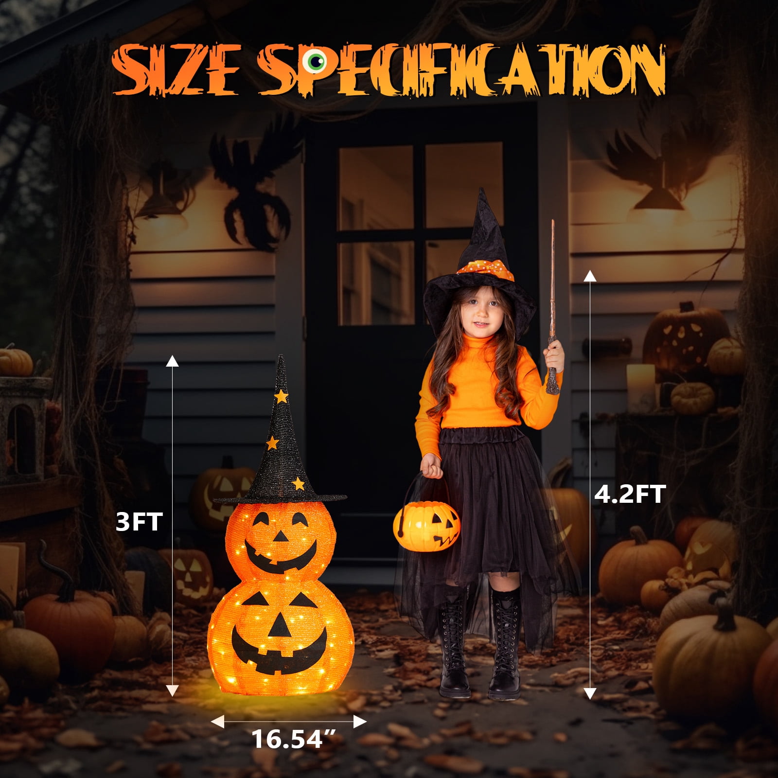 2Pcs 3ft Halloween Collapsible Pumpkin Decorations 150 LED Lights