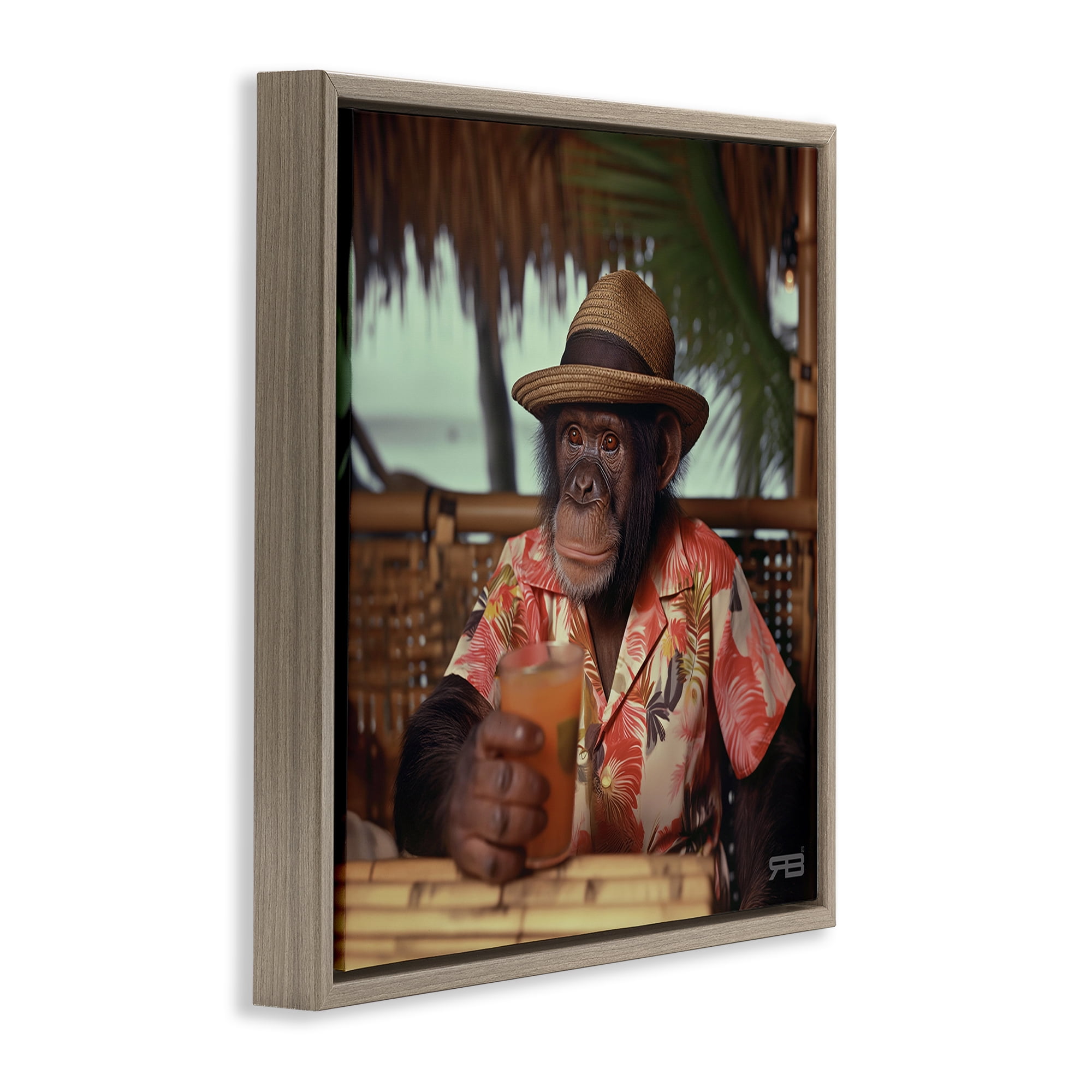 Stupell Industries Tropical Vacation Monkey Novelty Painting Brown Floater Framed Canvas Art Print Wall Art, 25 x 25