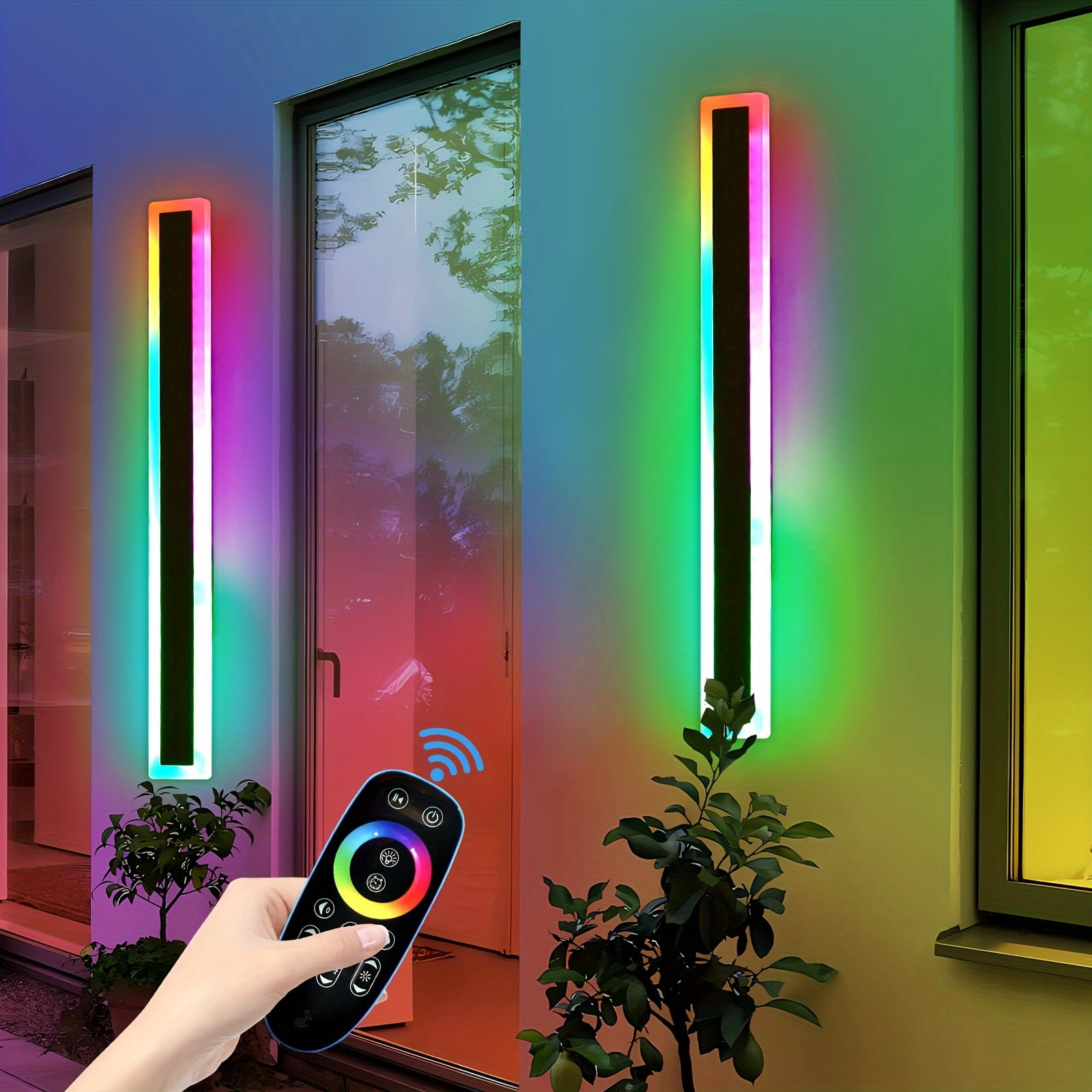 2pcs Outdoor RGB Long Wall Lights – Dimmable LED Wall Sconces with Remote & App Control, Matte Metal Finish for Patio, Garden, Indoor & Outdoor Decor