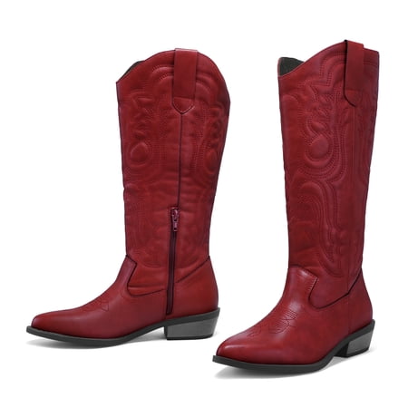 Pennysue Cowboy Boots For Women Red Knee High Western Cowgirl Boots Snip Toe Side Zipper Chunky Heel Size 10