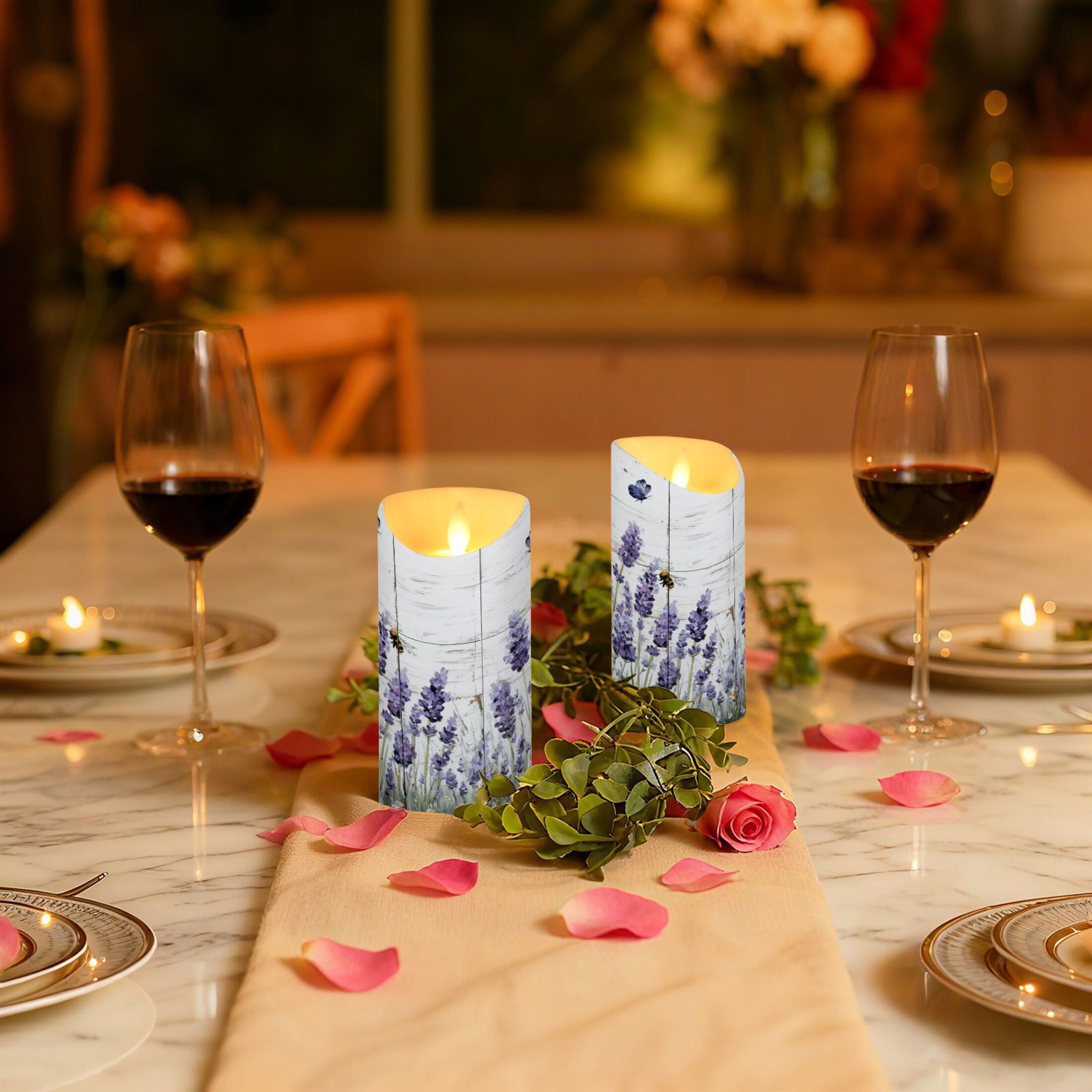 2 PCS Tilted Flameless Candles Flickering LED Lights Battery Operated Candles with Remote Timers for Holiday Decor Lavender and Bees