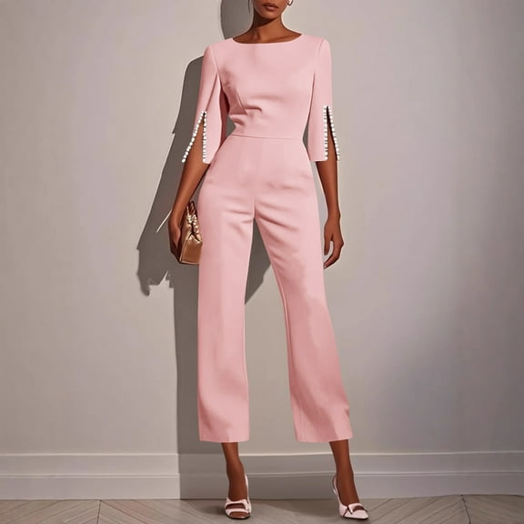 Xdegoge Formal Jumpsuits for Women Short Split Sleeve Capri Jumpsuits Crewneck Formal Solid Color Rompers Elegant Nightclub Party Dressy Clothing