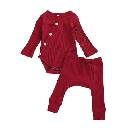 

Calsunbaby Infant Baby Girls Boys Pajamas Knitting Bodysuit Jogger Pants Slant Buttons 2pcs Outfits Set Wine Red 0-3 Months