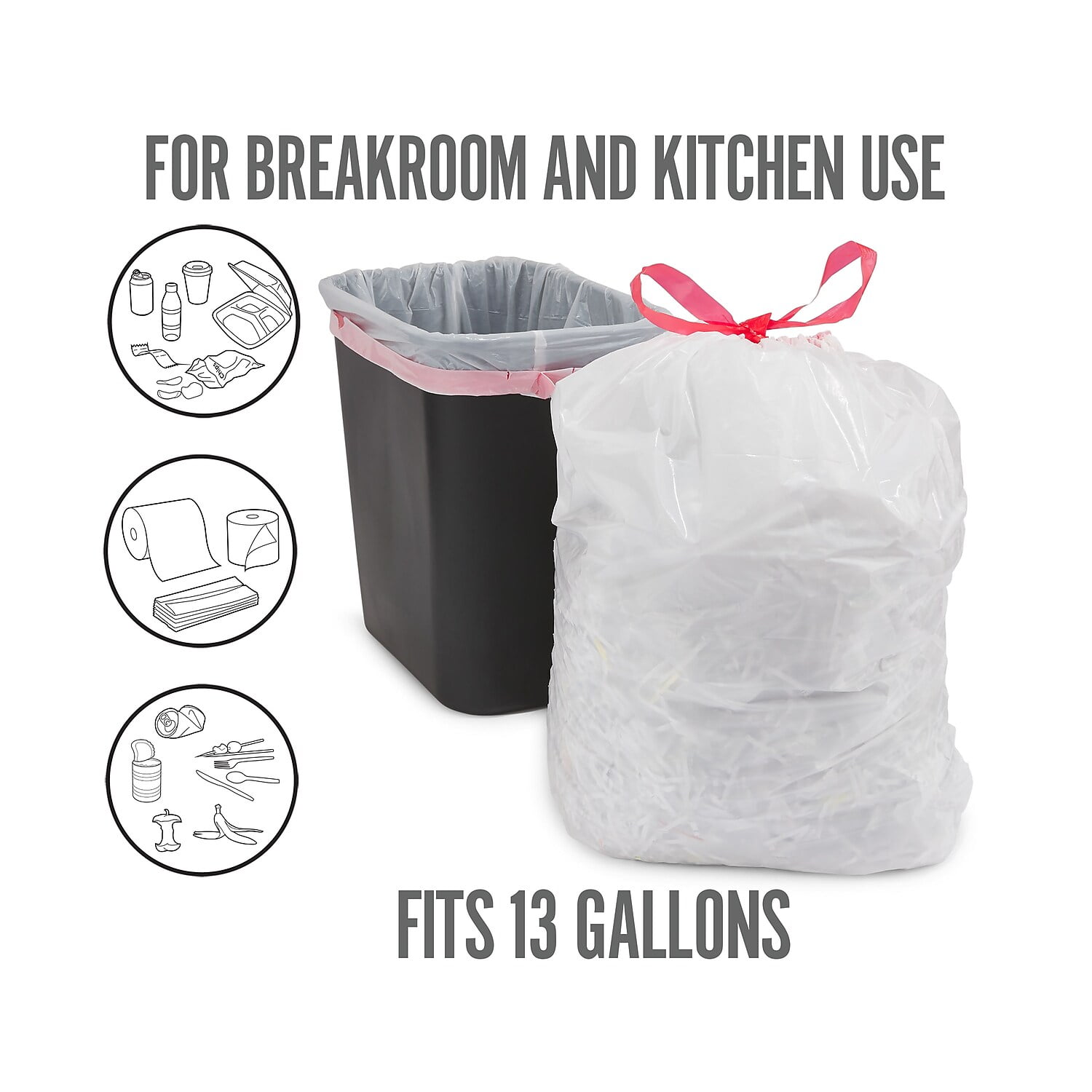 Perk™ Drawstring Tall Kitchen Trash Bags, 13 gal, 28" x 24", White, 120/Box