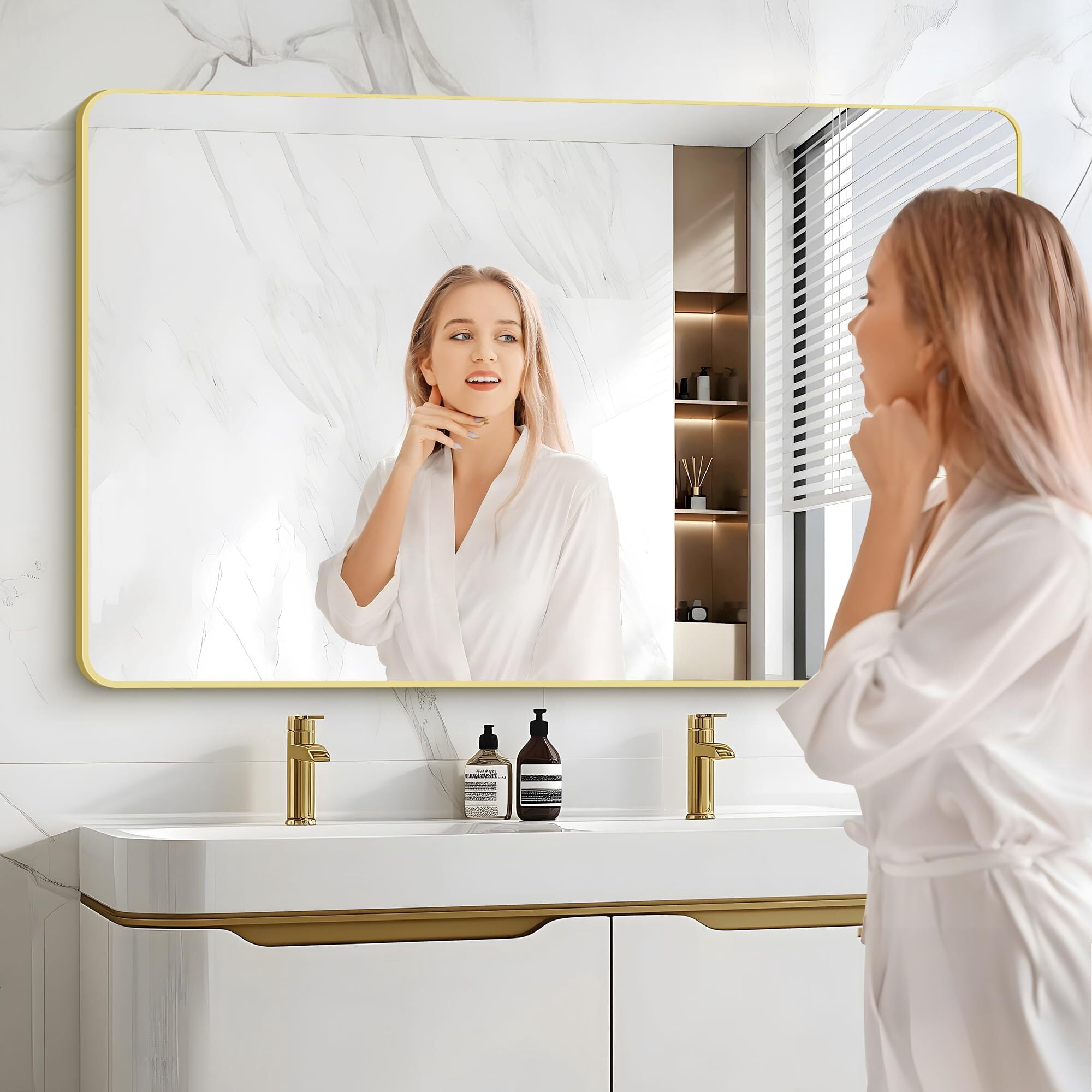 Gleamira 36"x48" Rectangular Bathroom Mirror Wall-Mounted Vanity Mirror,Gold