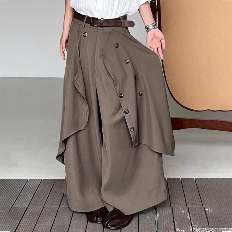 SONXAHE Double Button Front Wide Leg Pants for Men Asymmetrical Hem Street Long Trouser